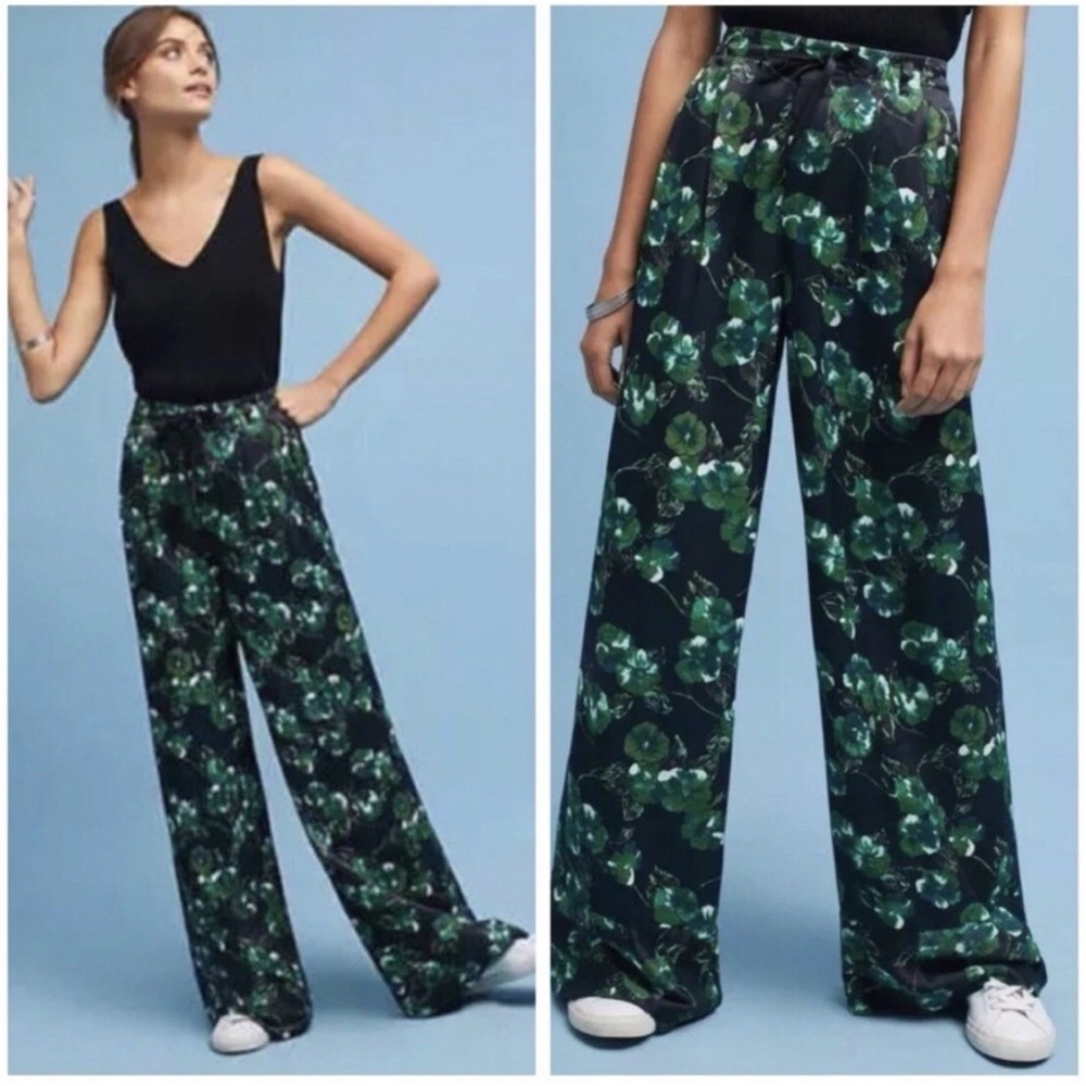 Elevenses Anthropologie Floral Botanical Silken Wide-Leg Pant Pleated Size 2